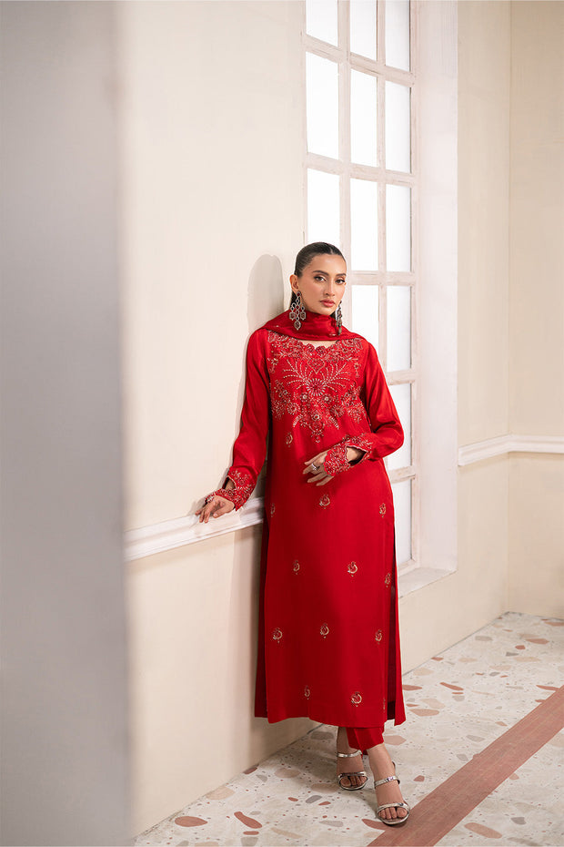 Red Embroidered Tissue Ensemble With Dupatta Pakistani Designer