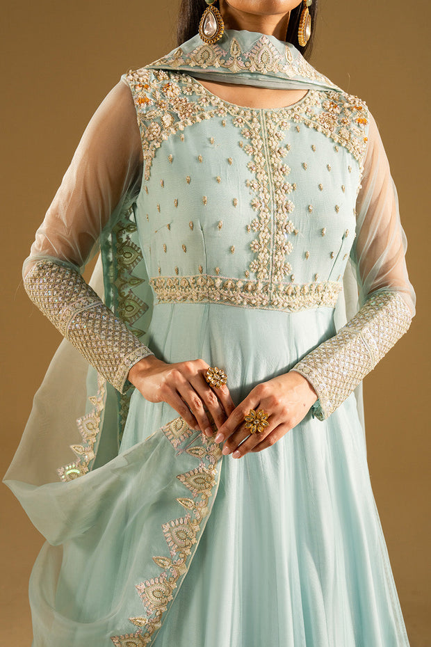 Olive Green Embroidered Net Gown Pakistani Dress