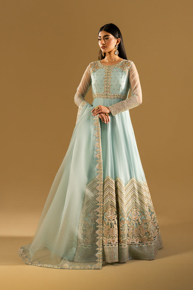 Olive Green Embroidered Net Gown Pakistani Dress