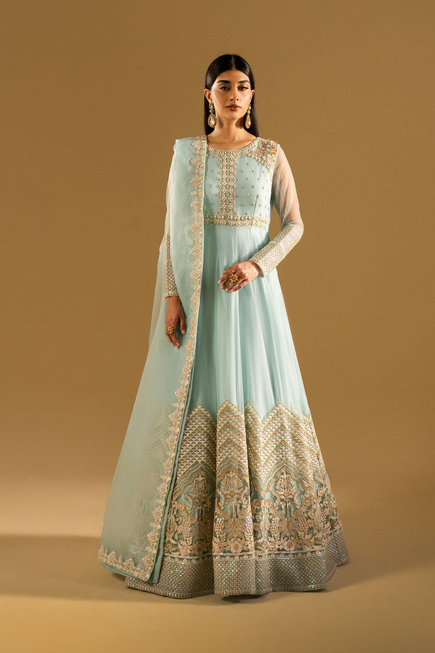Olive Green Embroidered Net Gown Pakistani Dress