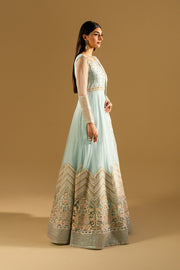Olive Green Embroidered Net Gown Pakistani Dress