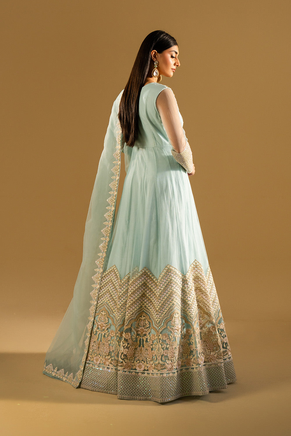 Olive Green Embroidered Net Gown Pakistani Dress