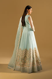 Olive Green Embroidered Net Gown Pakistani Dress