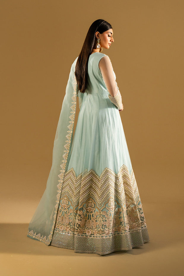 Olive Green Embroidered Net Gown Pakistani Dress