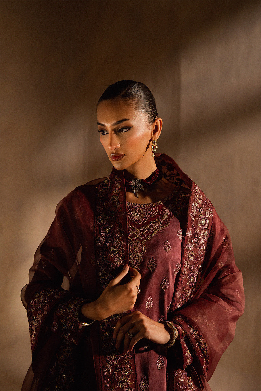 Grey Embroidered Raw Silk Ensemble With Dupatta Pakistani Party