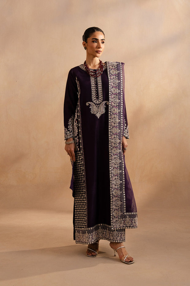 Violet Silk Embroidered Ensemble With Dupatta