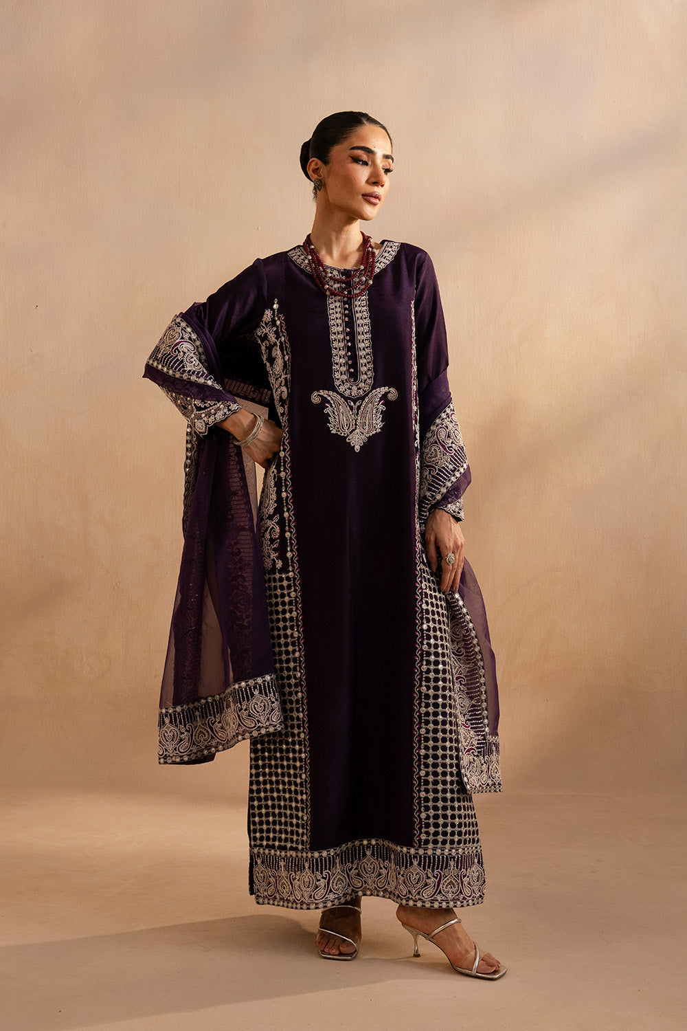 Violet Silk Embroidered Ensemble With Dupatta