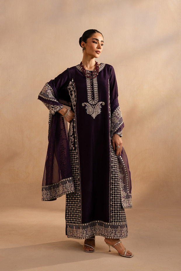 Violet Silk Embroidered Ensemble With Dupatta