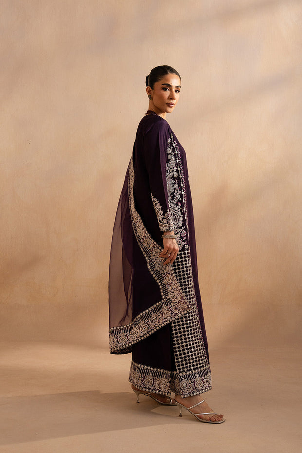 Violet Silk Embroidered Ensemble With Dupatta
