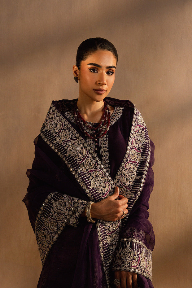 Violet Silk Embroidered Ensemble With Dupatta