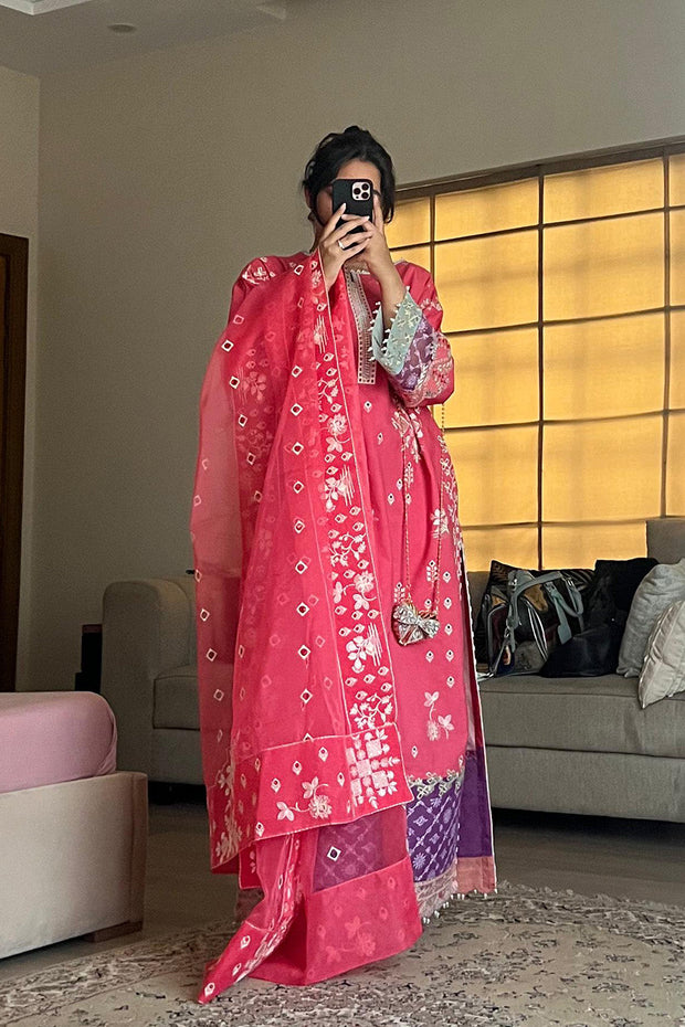 Coral Embroidered Organza Ensemble Pakistani Dress