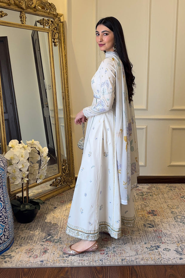 Off-White Kalidar Satin Pakistani Party Dress With Dupatta