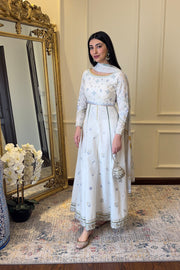 Off-White Kalidar Satin Pakistani Party Dress With Dupatta