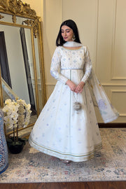 Off-White Kalidar Satin Pakistani Party Dress With Dupatta