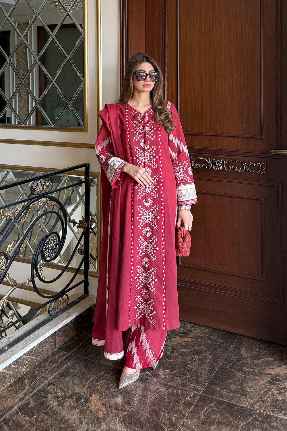 Charcoal Embroidered Satin Ensemble Pakistani Dress