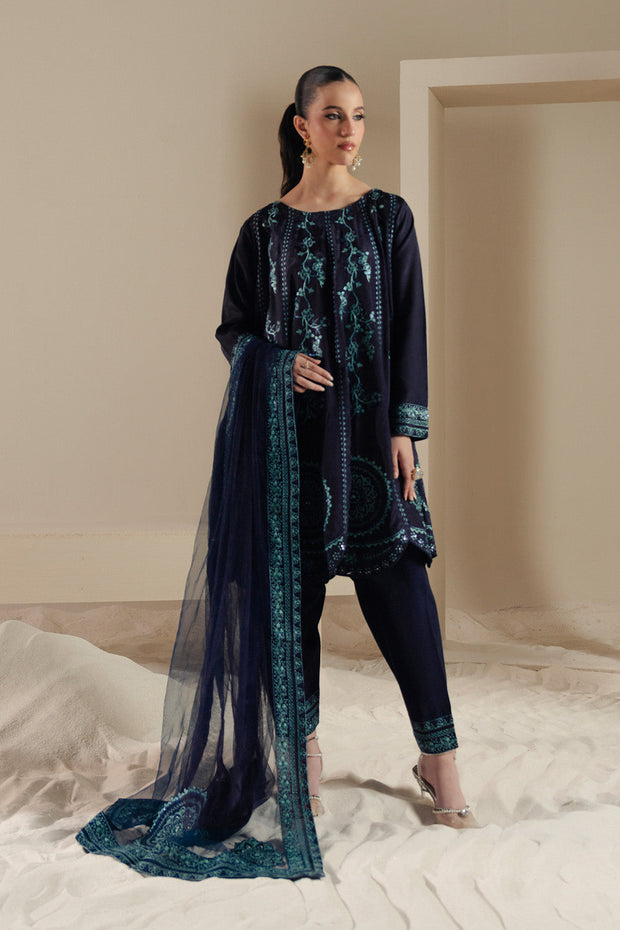 Blue Embroidered Silk Ensemble Pakistani Designer Dress