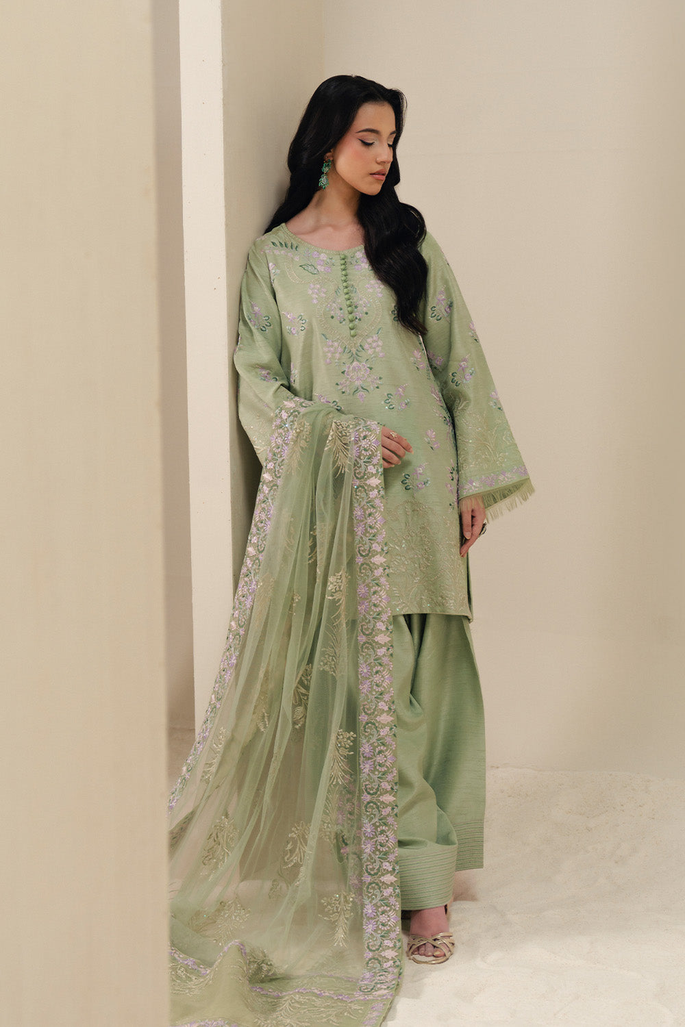 Beige Embroidered Organza Ensemble Pakistani Dress