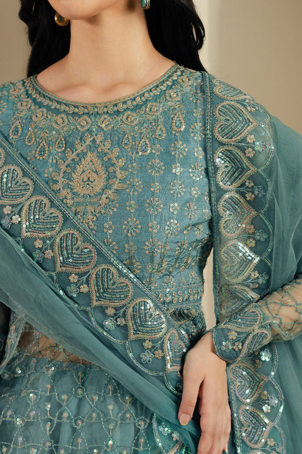 Blue Embroidered Net Ensemble Pakistani Dress