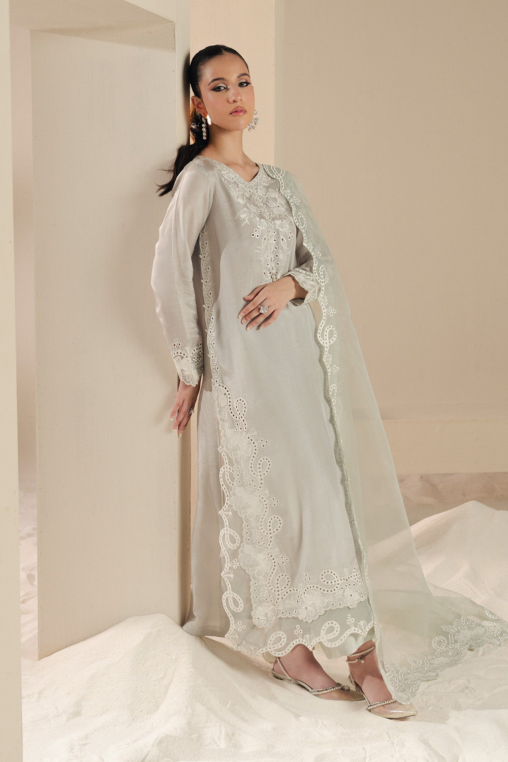 Grey Embroidered Organza Ensemble With Dupatta Pakistani Party