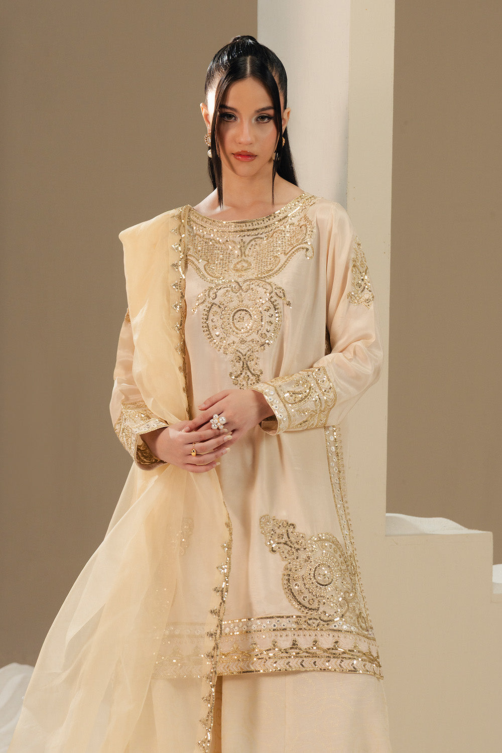 Grey Embroidered Silk Ensemble Pakistani Designer Dress
