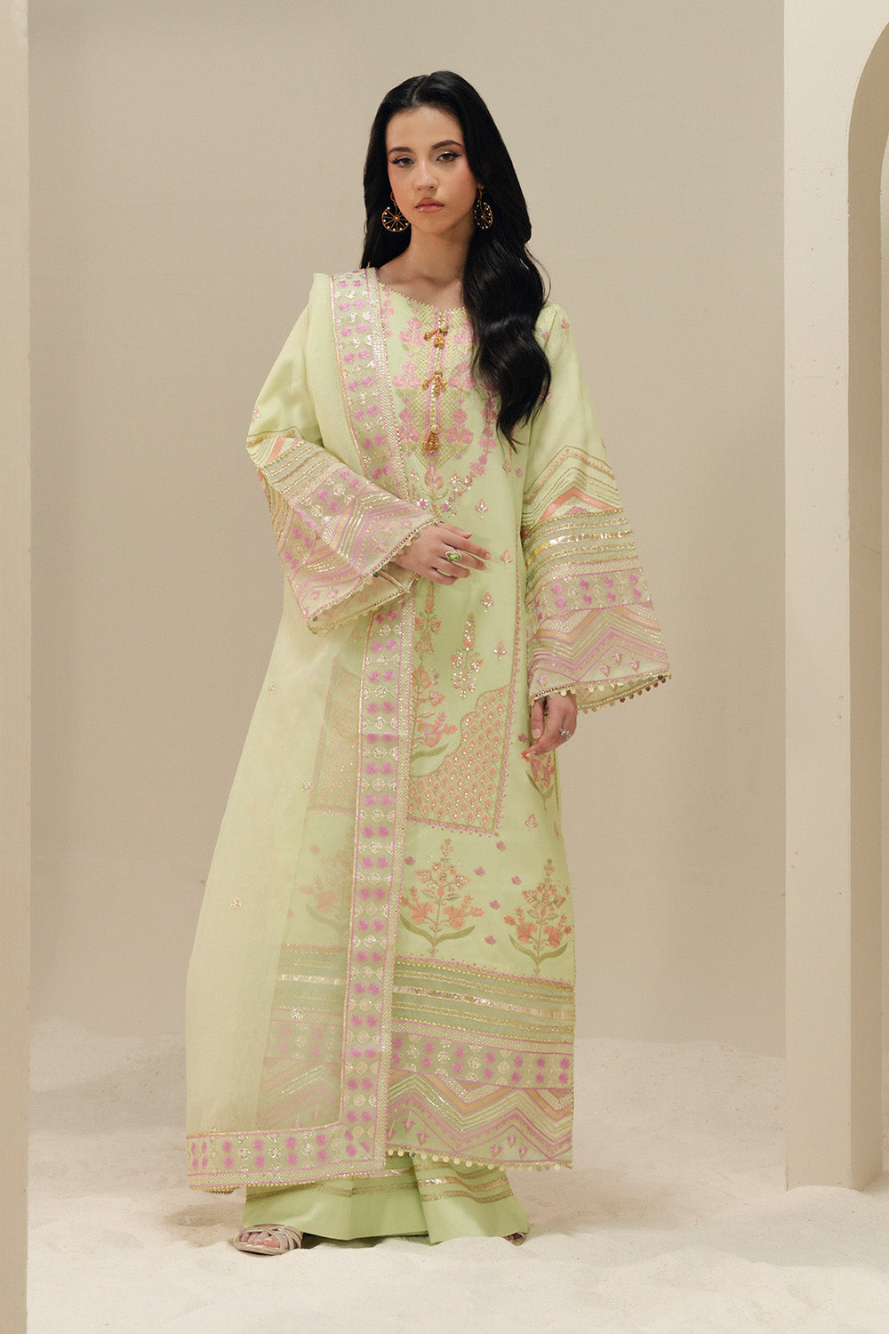 Green Embroidered Organza Ensemble With Dupatta Pakistani
