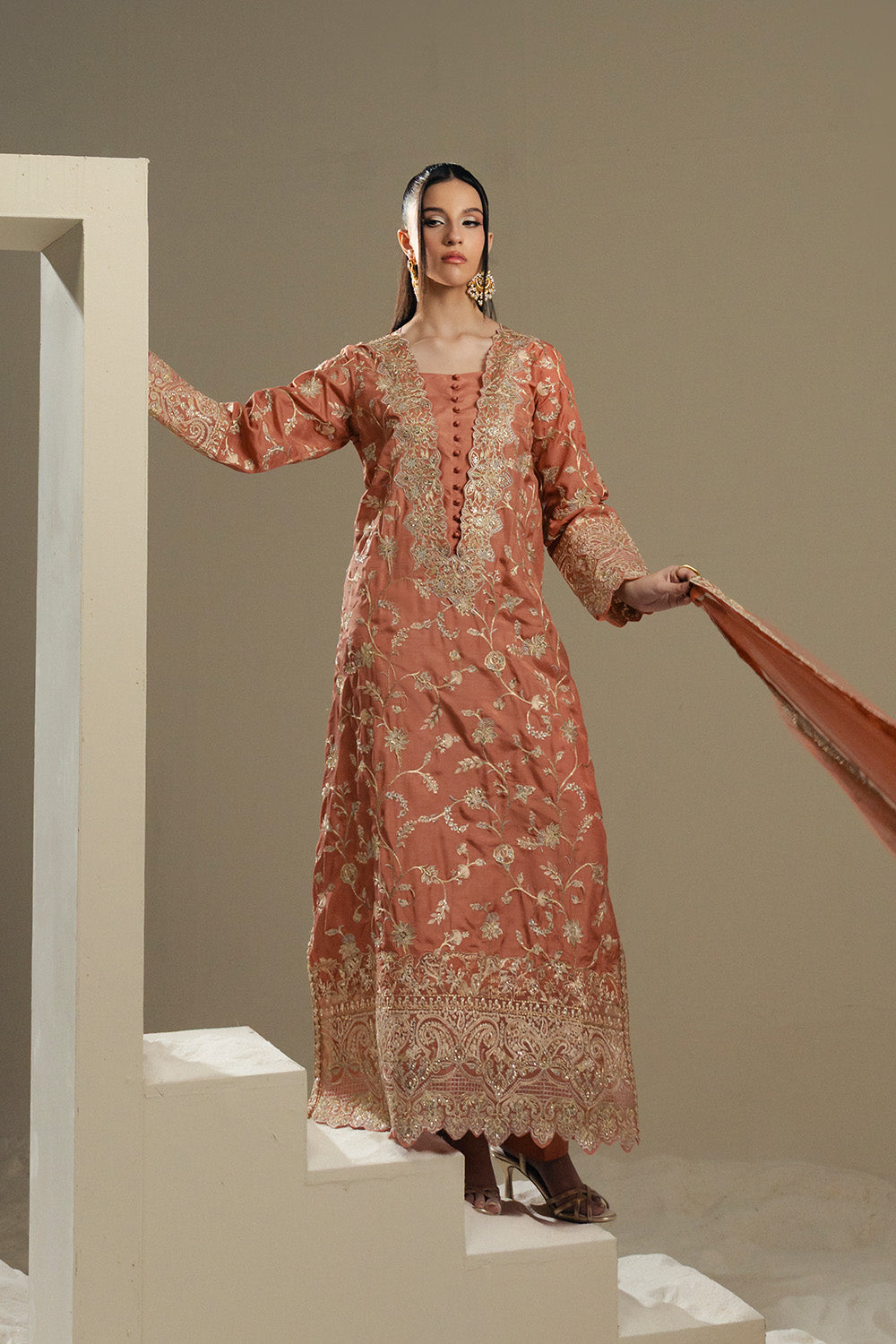 Peach Embroidered Silk Ensemble Pakistani Dress