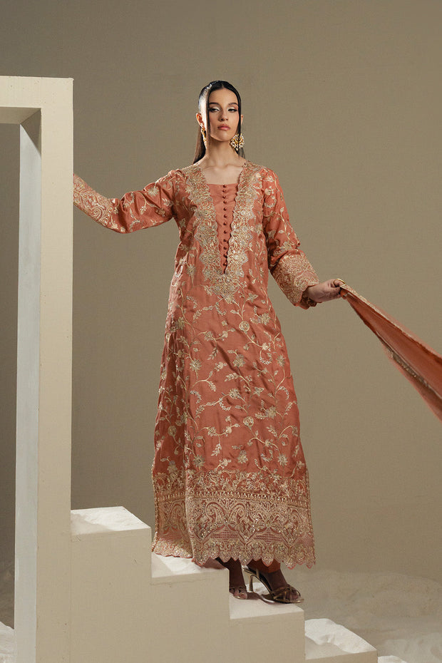 Peach Embroidered Silk Ensemble Pakistani Dress