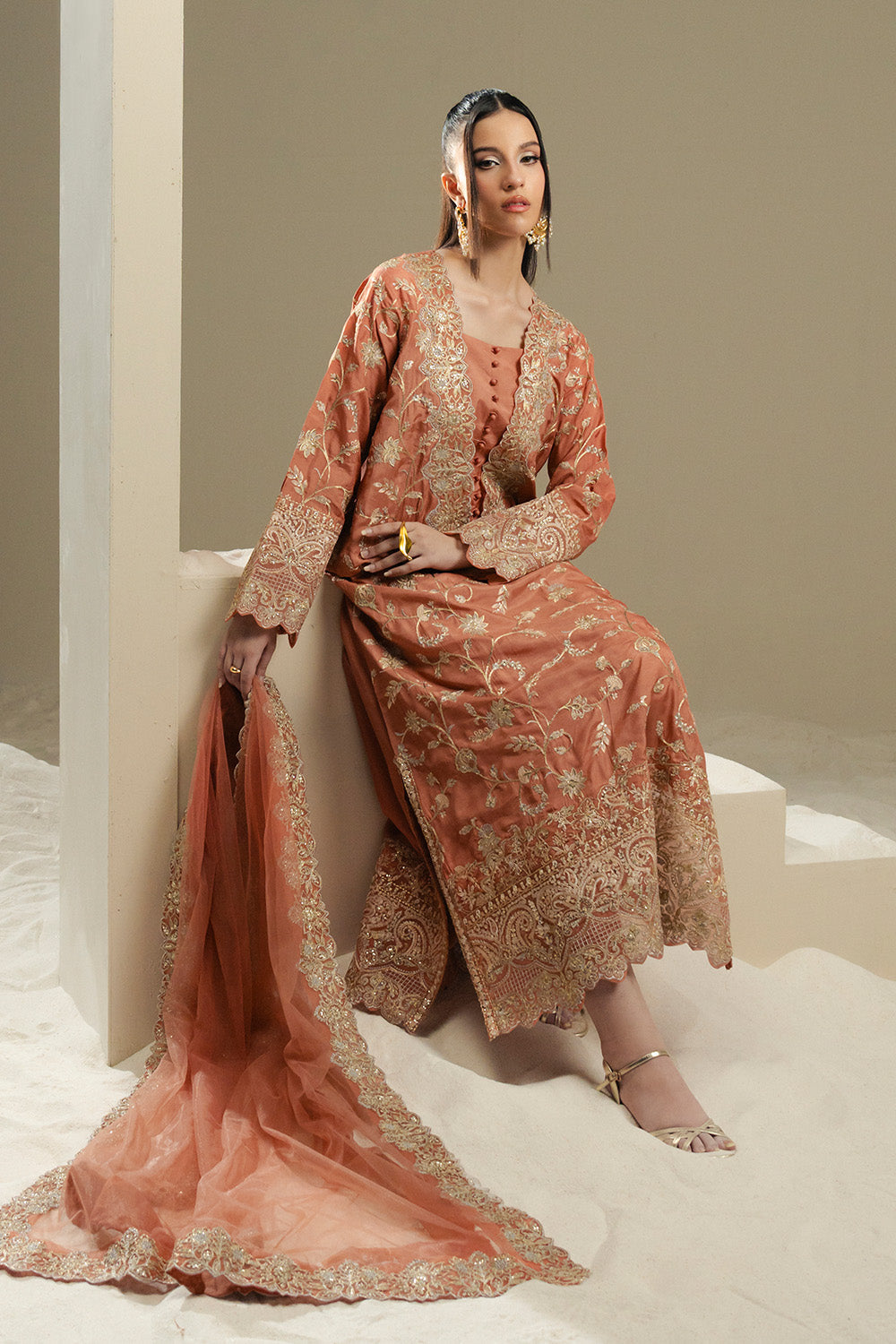 Peach Embroidered Silk Ensemble Pakistani Dress