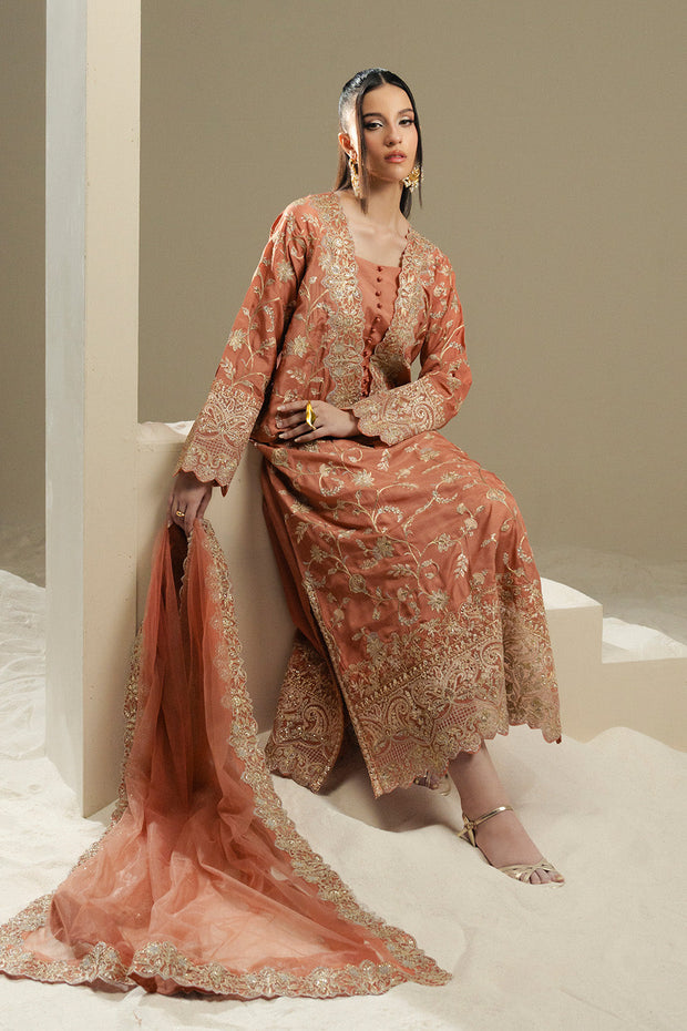 Peach Embroidered Silk Ensemble Pakistani Dress