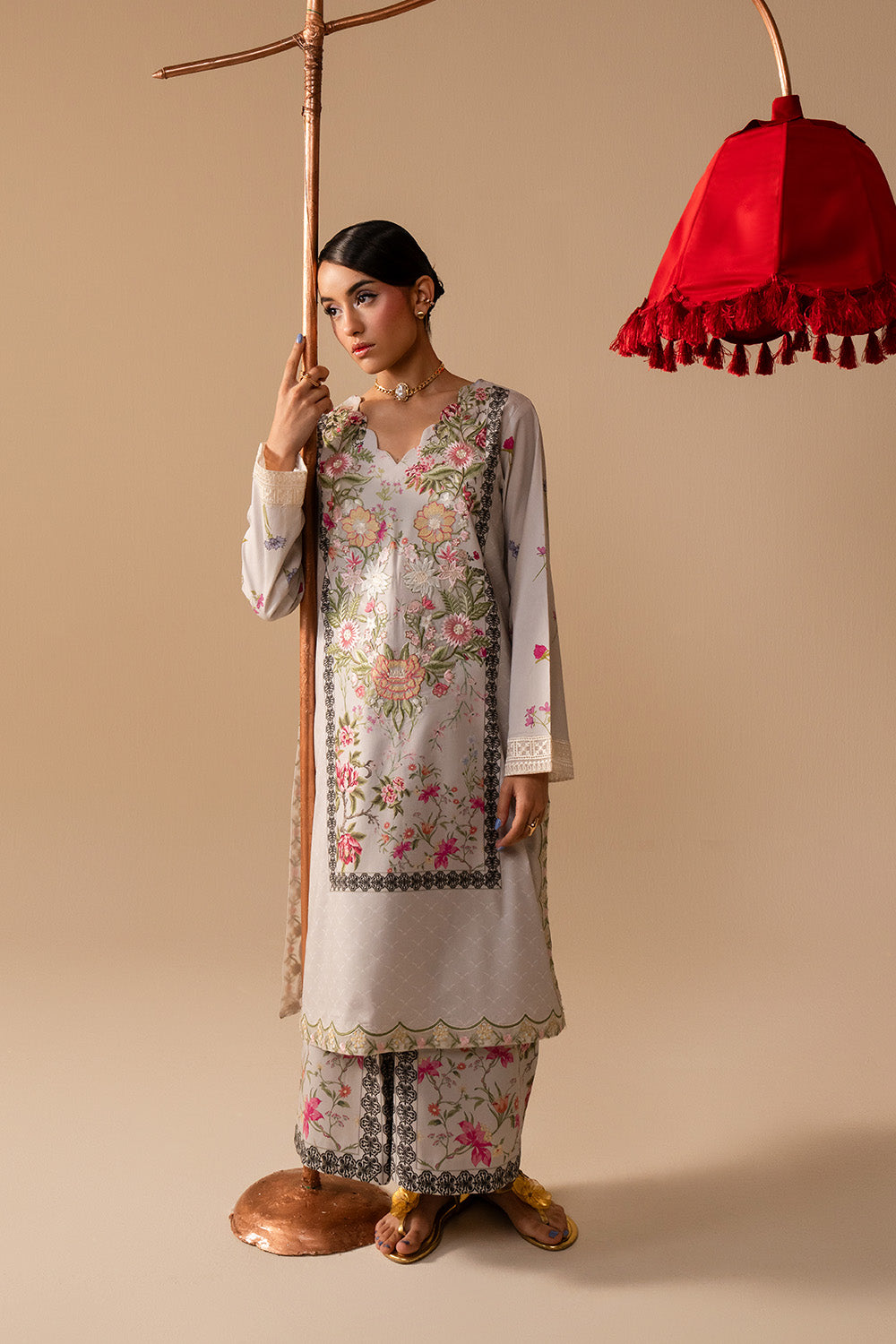 Grey Printed Lawn Pakistani Designer Dress