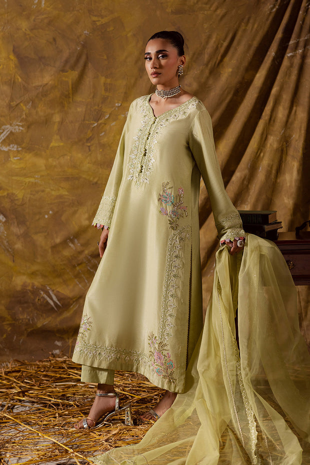 Lime Embroidered Organza Ensemble With Dupatta Pakistani Party