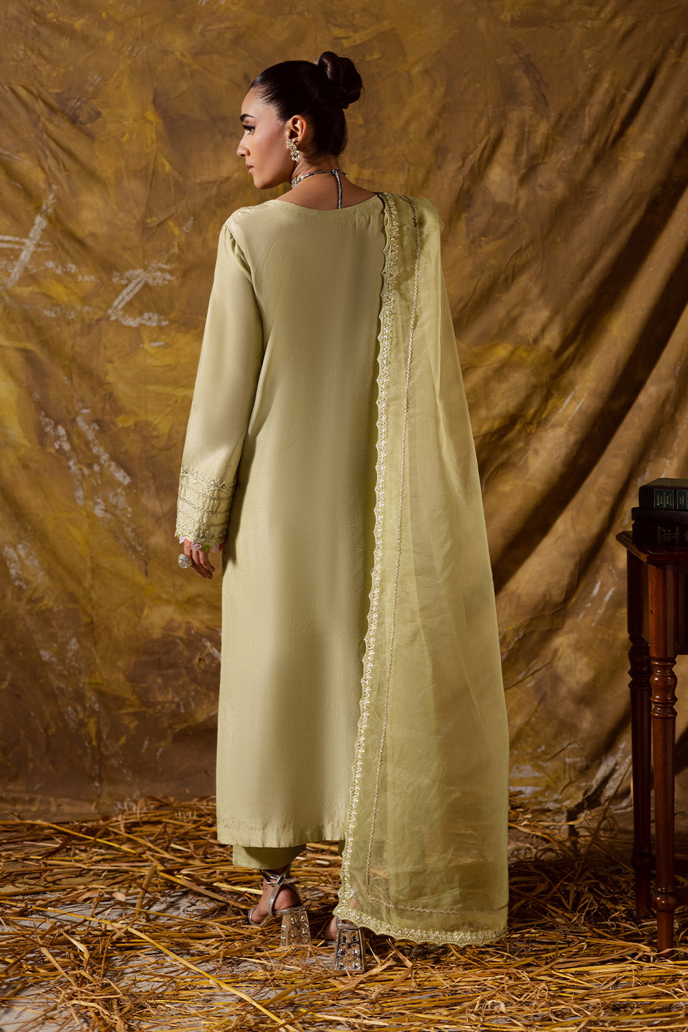Lime Embroidered Organza Ensemble With Dupatta Pakistani Party