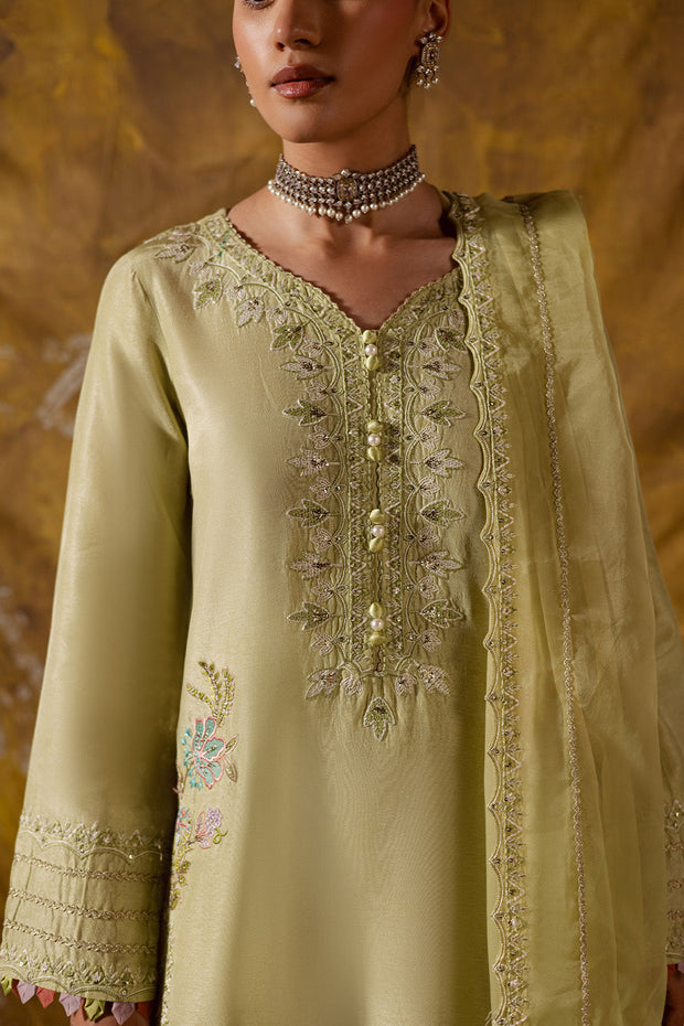 Lime Embroidered Organza Ensemble With Dupatta Pakistani Party