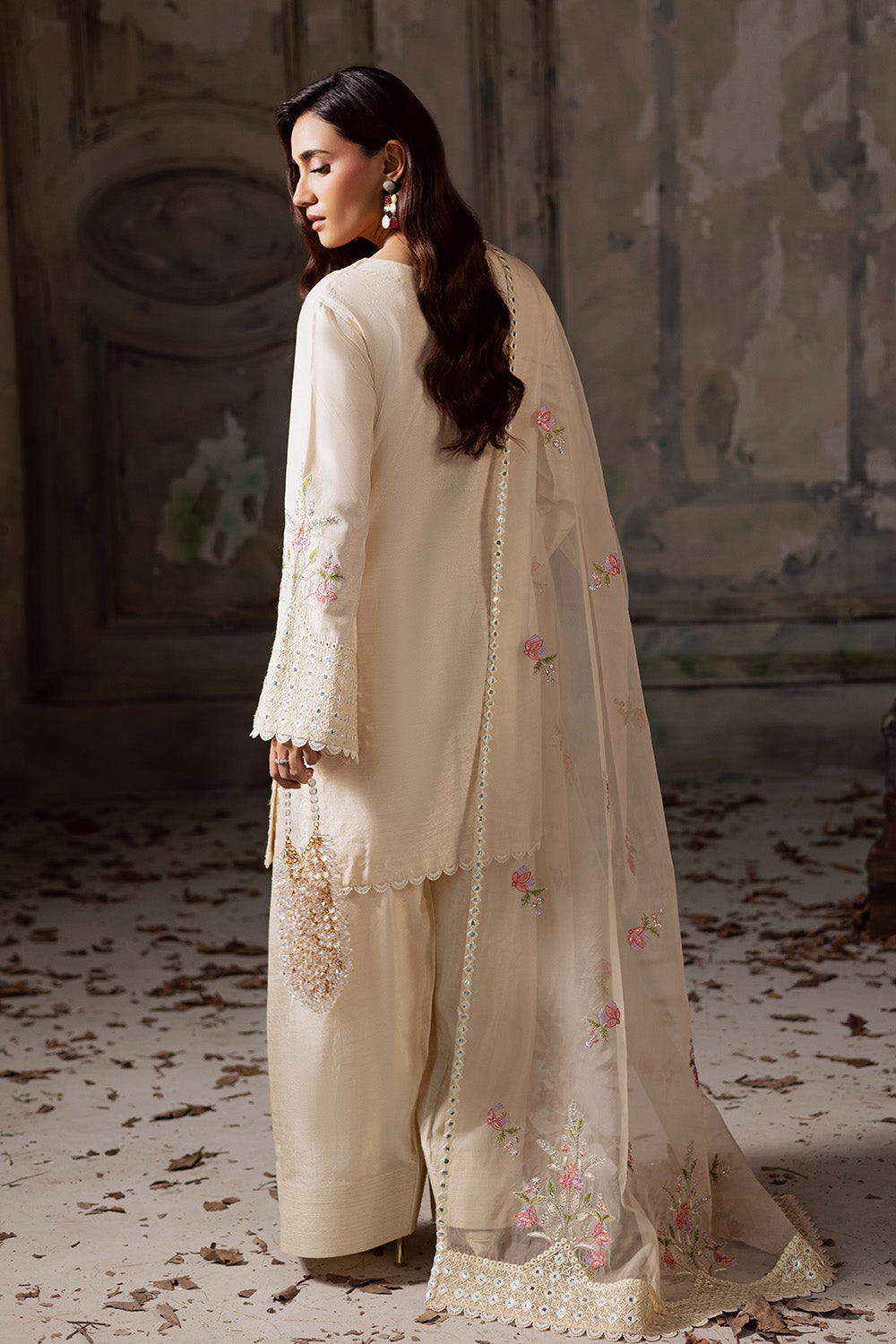 Ivory Embroidered Organza Ensemble With Dupatta Pakistani