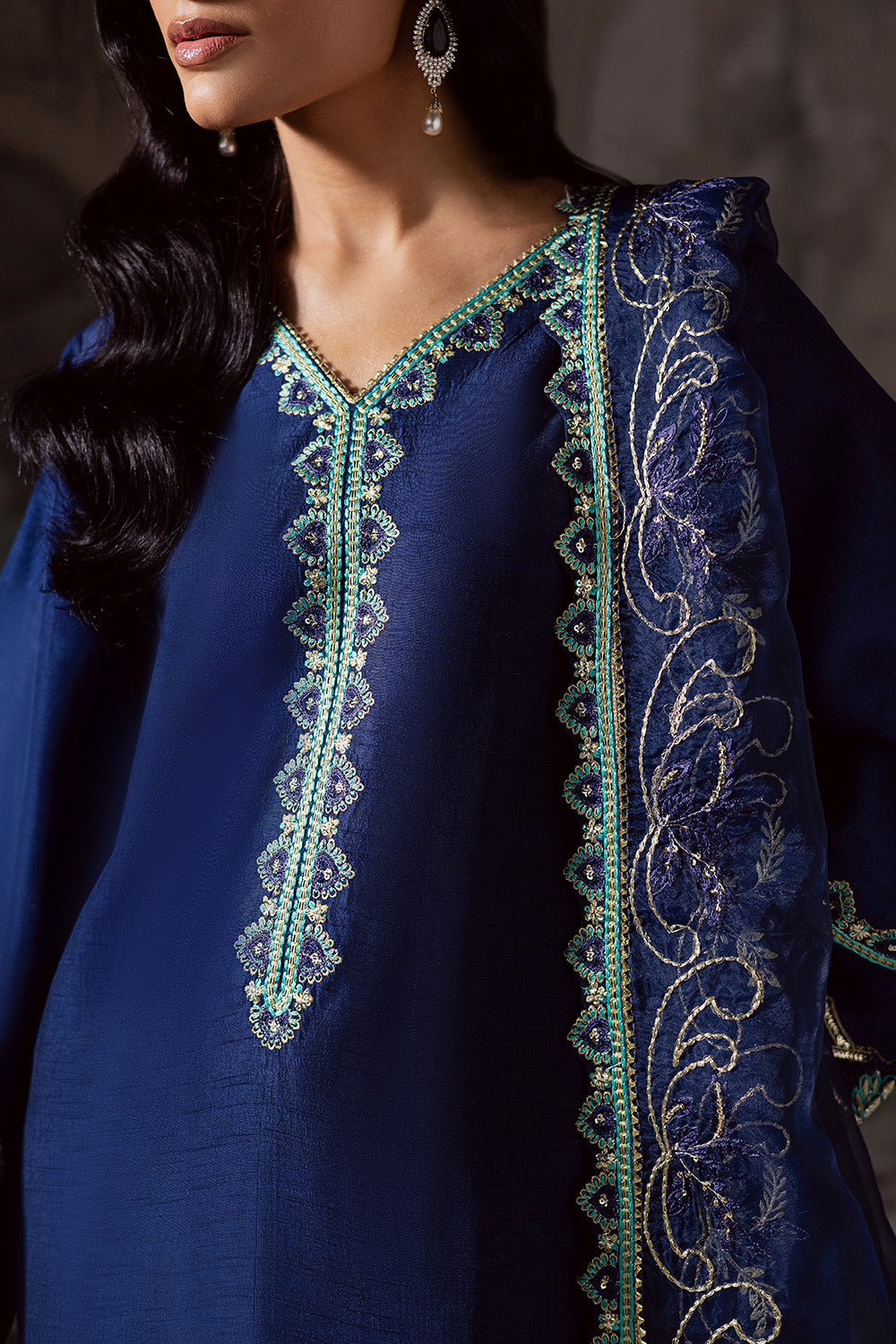 Blue Embroidered Organza Ensemble With Dupatta Pakistani
