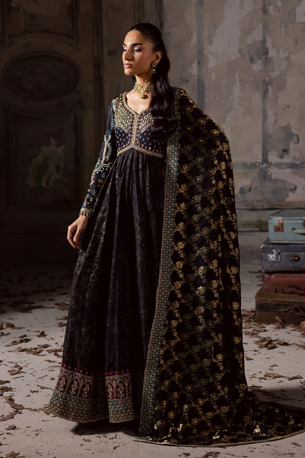 Black Embroidered Cotton Gown With Dupatta Pakistani Dress