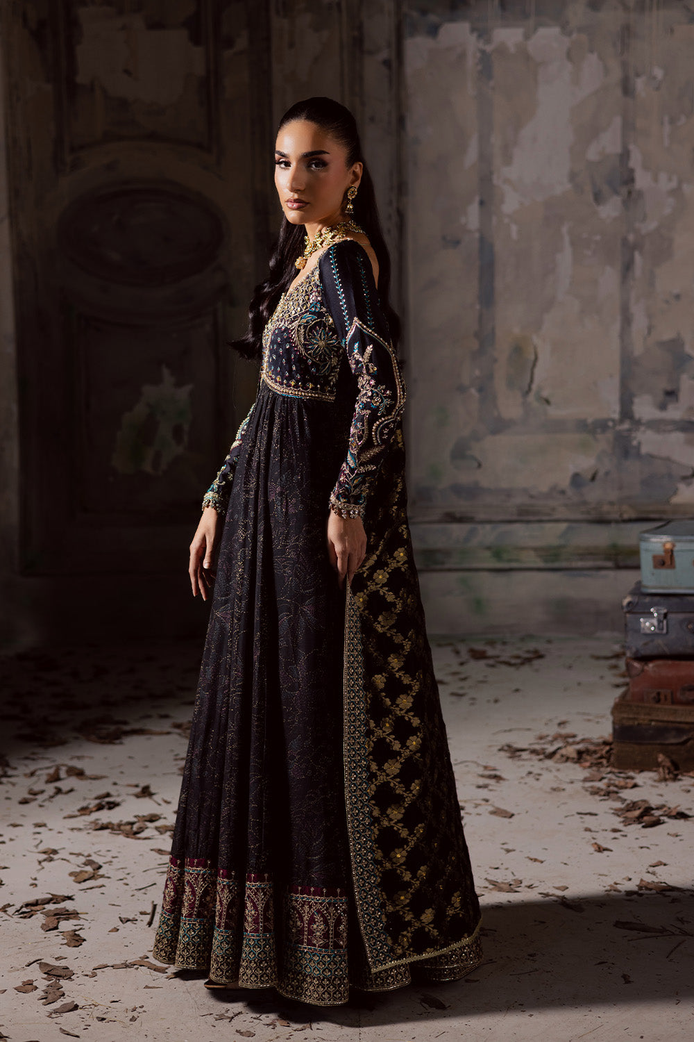 Black Embroidered Cotton Gown With Dupatta Pakistani Dress  Nameera by  Farooq