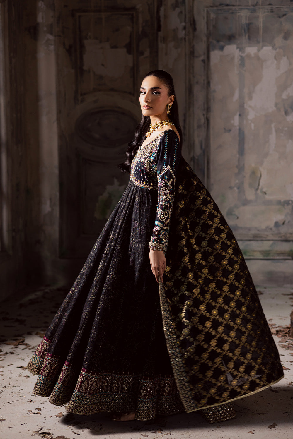 black dress with golden dupatta Embroidered Cotton Gown Pakistani – Nameera by Farooq VARIANTE_GOLD