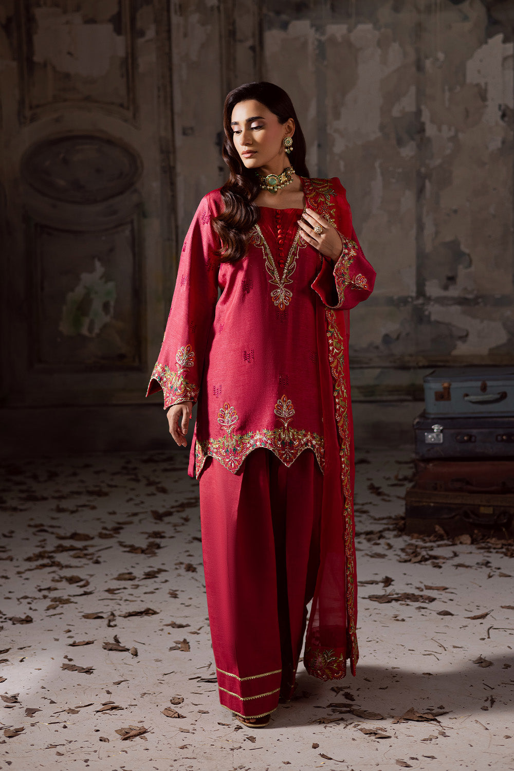 Red Embroidered Organza Ensemble With Dupatta Pakistani Party