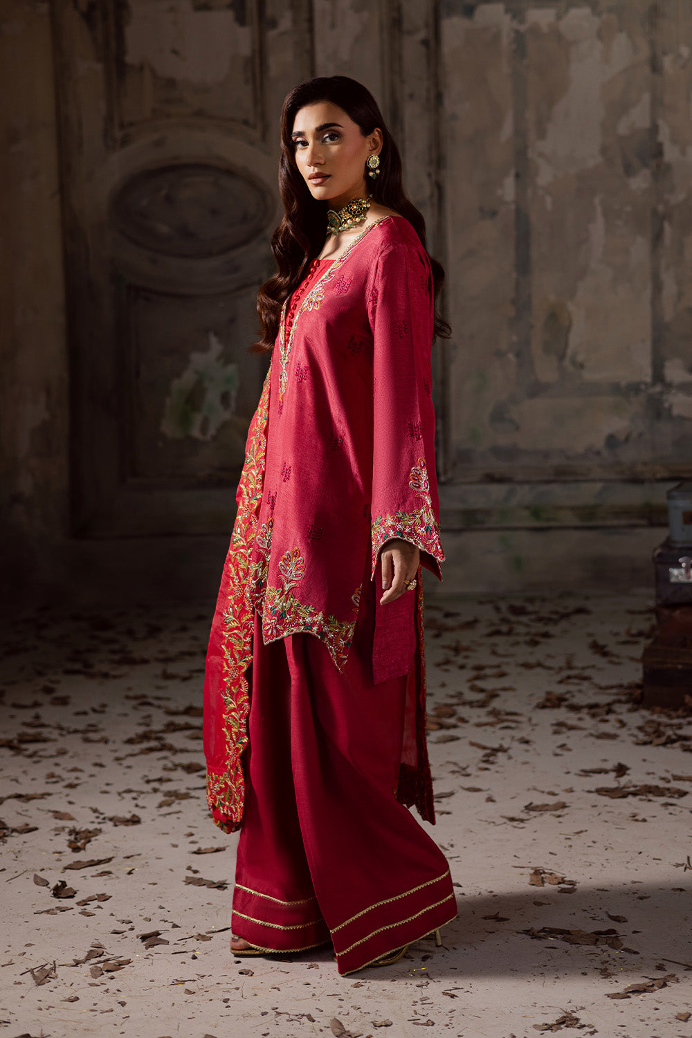 Red Embroidered Organza Ensemble With Dupatta Pakistani Party