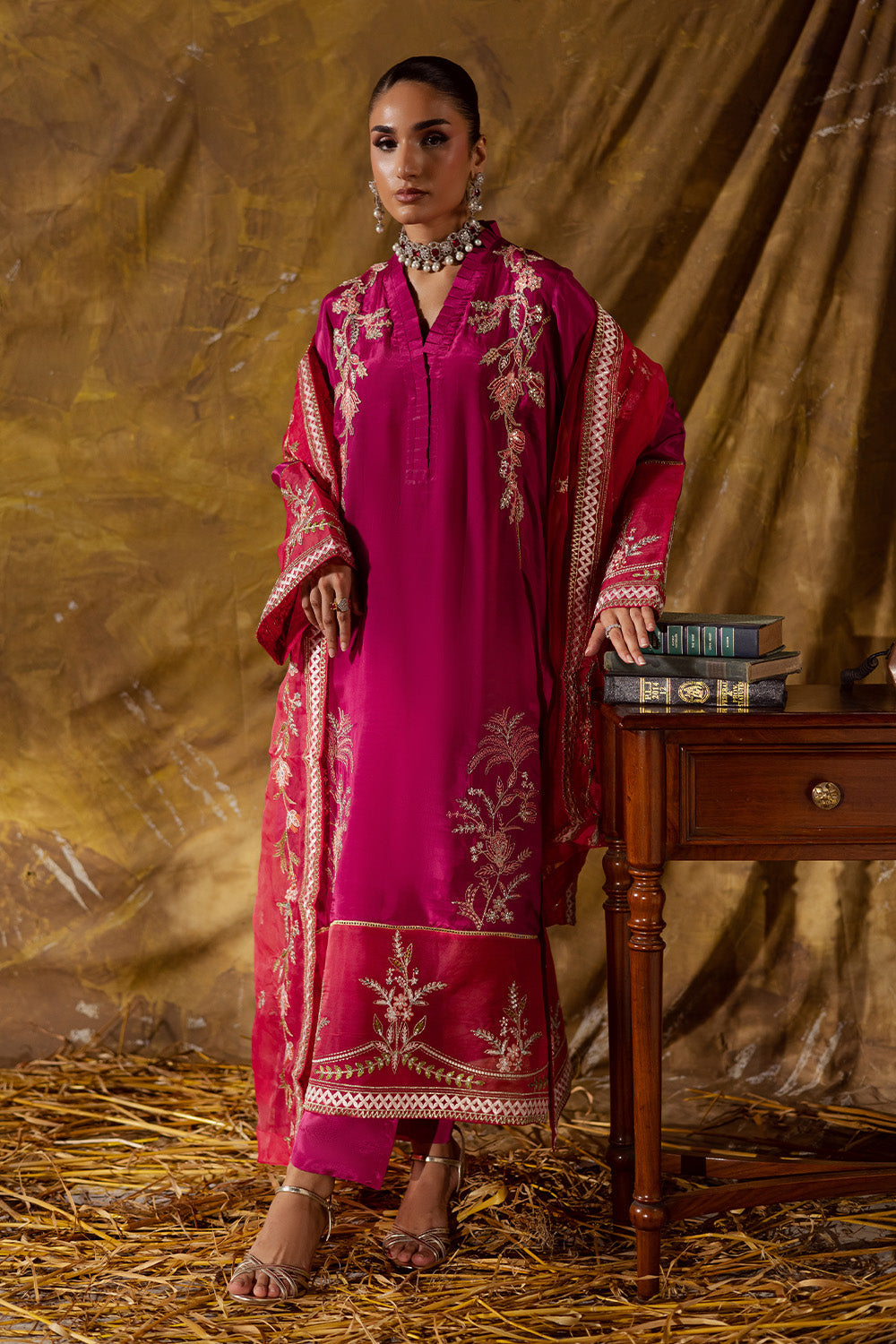 Red Embroidered Organza Ensemble With Dupatta Pakistani