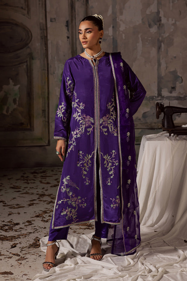 Purple Embroidered Organza Ensemble With Dupatta Pakistani