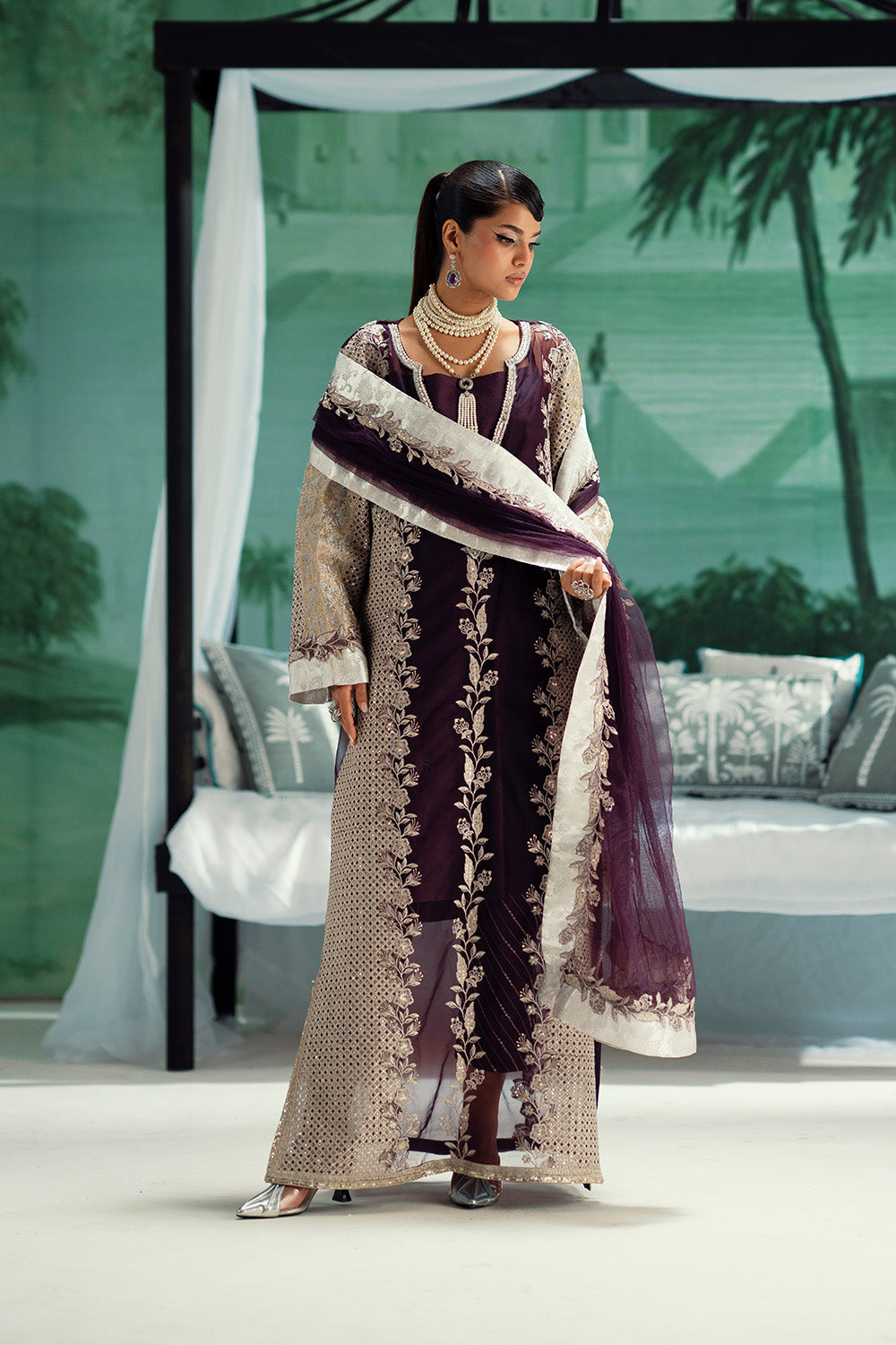 Silver Embroidered Organza Ensemble With Dupatta Pakistani