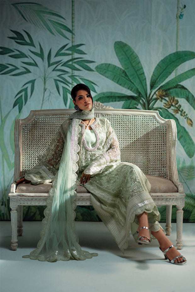 Green Embroidered Net Ensemble Pakistani Designer Dress