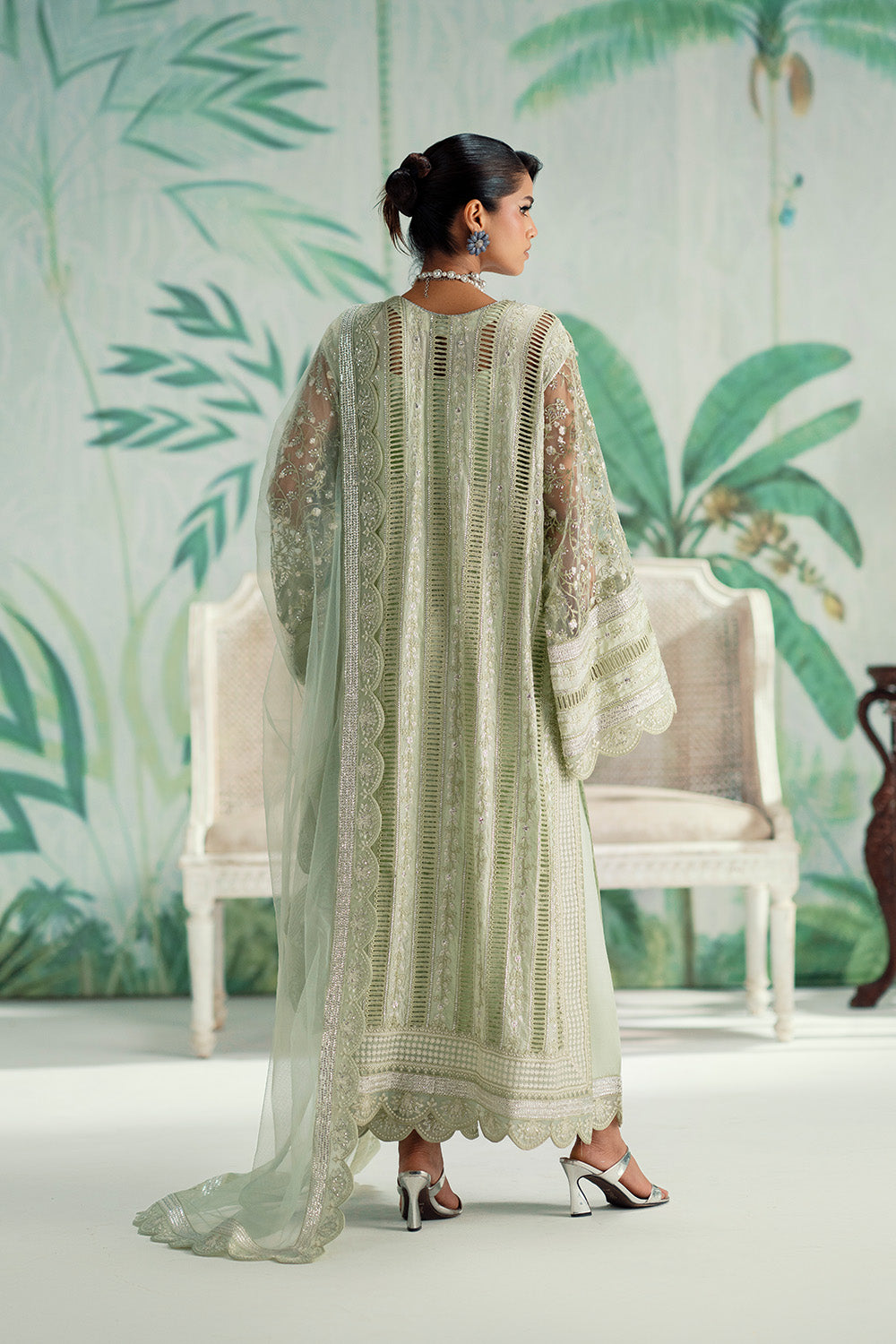 Green Embroidered Net Ensemble Pakistani Designer Dress