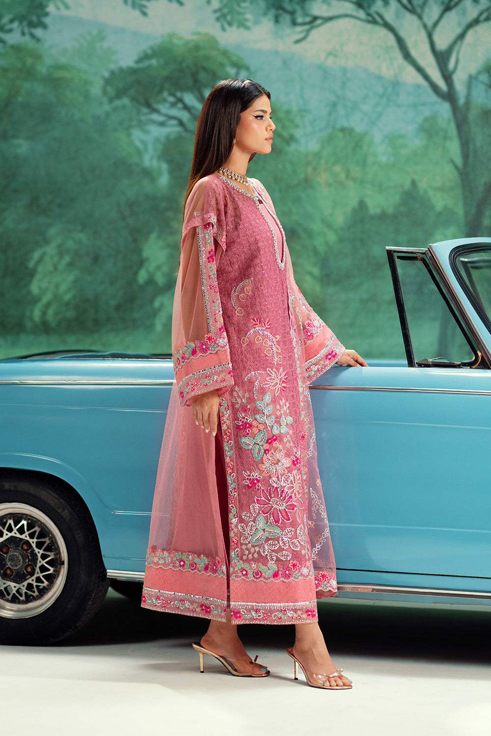 Sea Green Embroidered Net Ensemble Pakistani Dress