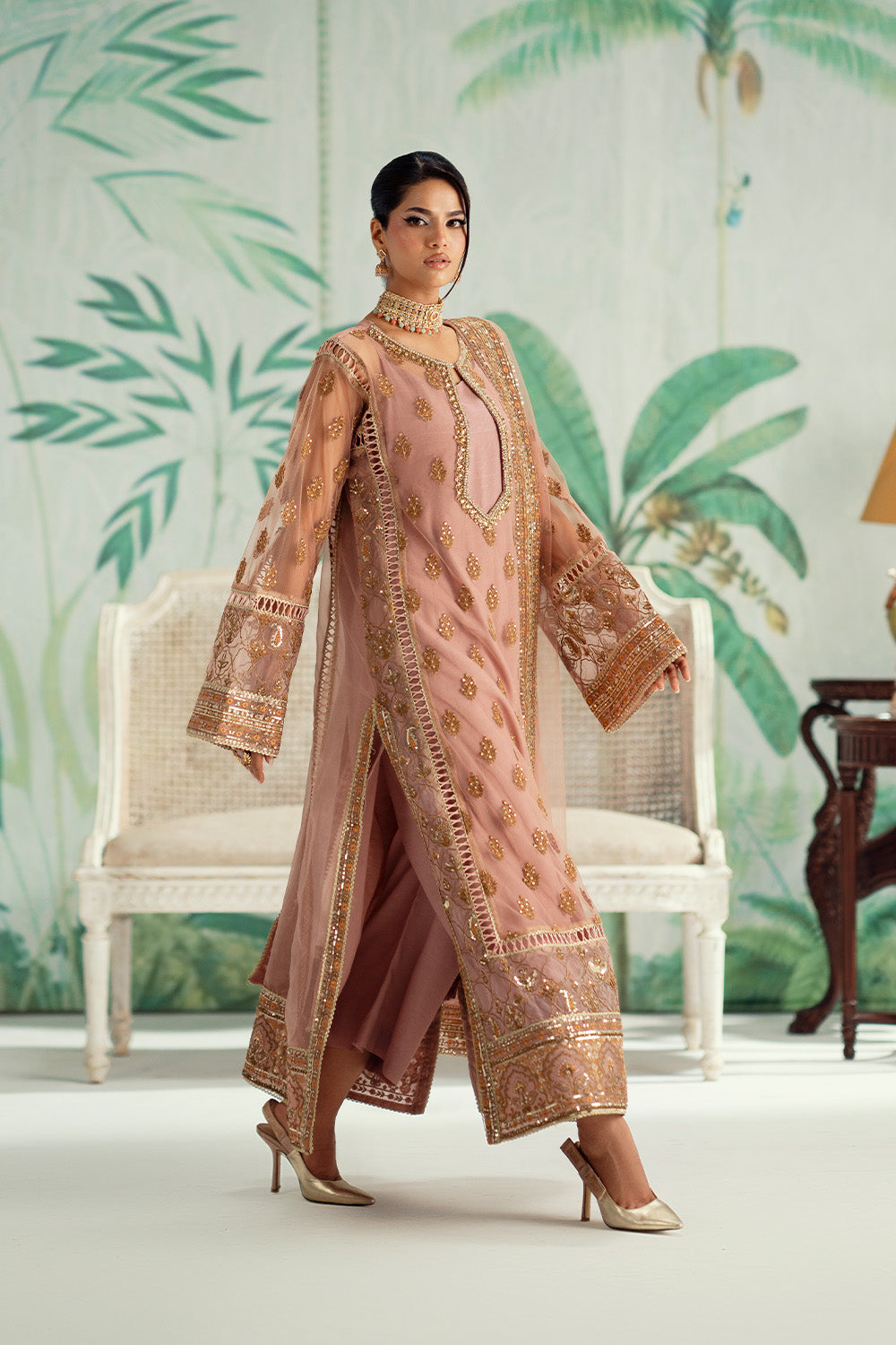 Gold Embroidered Organza Ensemble Pakistani Party Dress