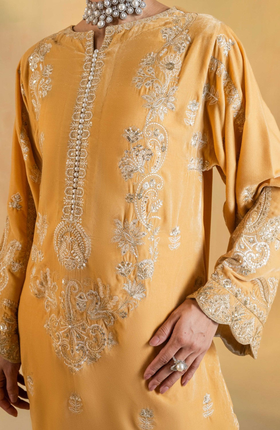 Gold Embroidered Velvet Ensemble With Dupatta Pakistani