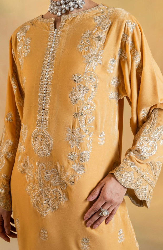Gold Embroidered Velvet Ensemble With Dupatta Pakistani
