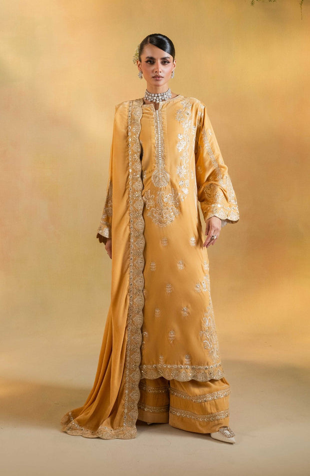 Gold Embroidered Velvet Ensemble With Dupatta Pakistani